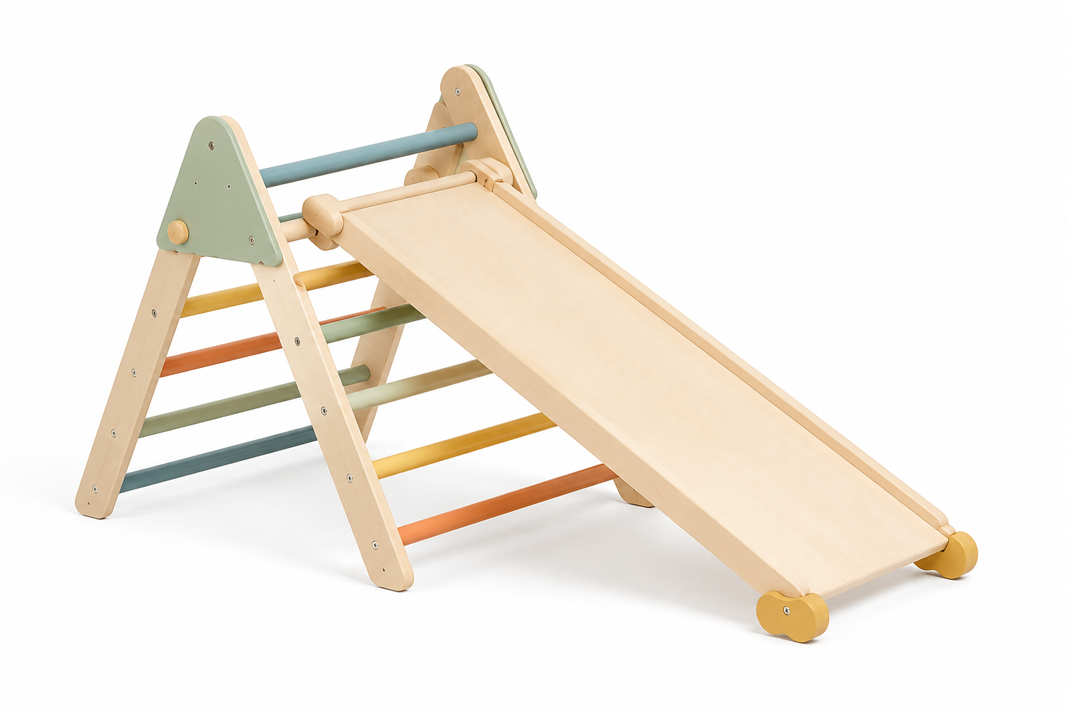 Natural wood Pikler triangle climbing set with pastel accents and ramp