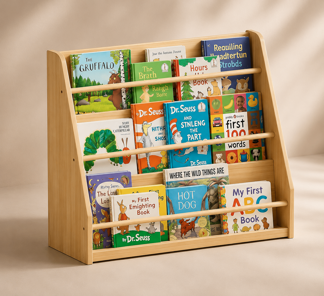 Kids front-facing wooden bookshelf filled with picture books