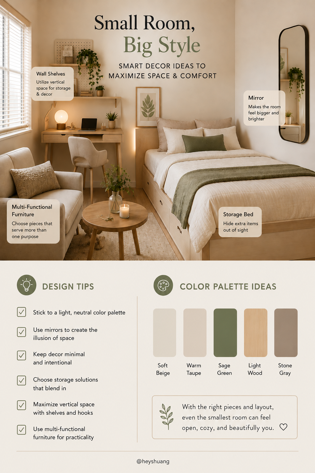 Cozy modern minimalist small bedroom with neutral tones, storage bed, mirror and floating shelves