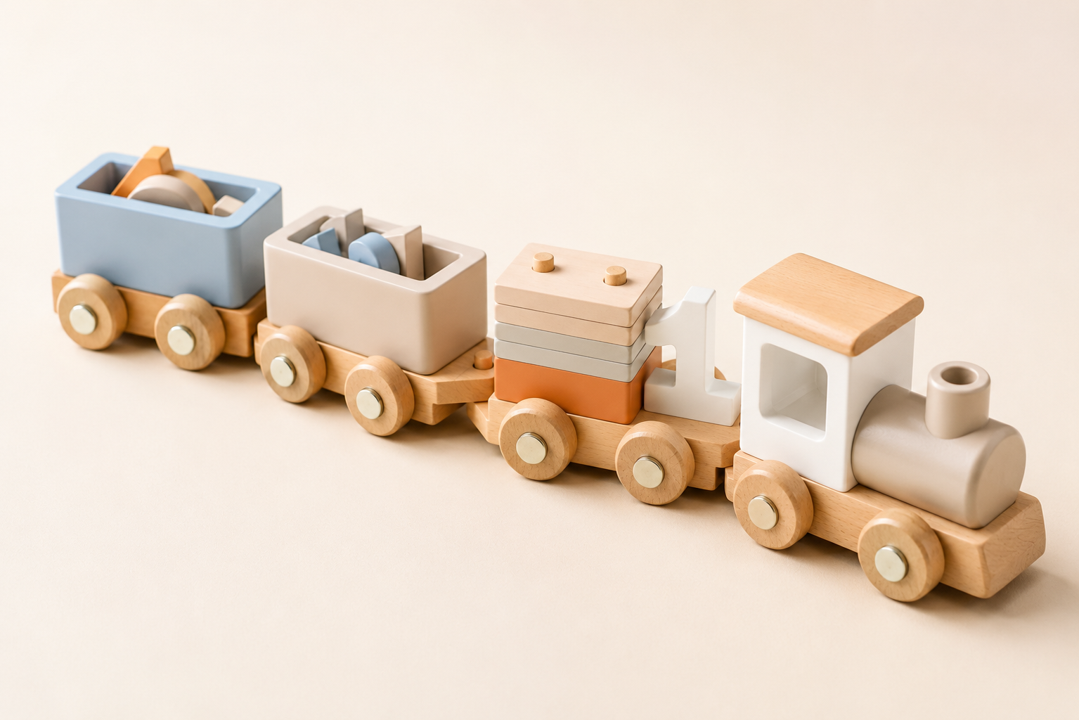 Neutral wooden train set with stacking cargo