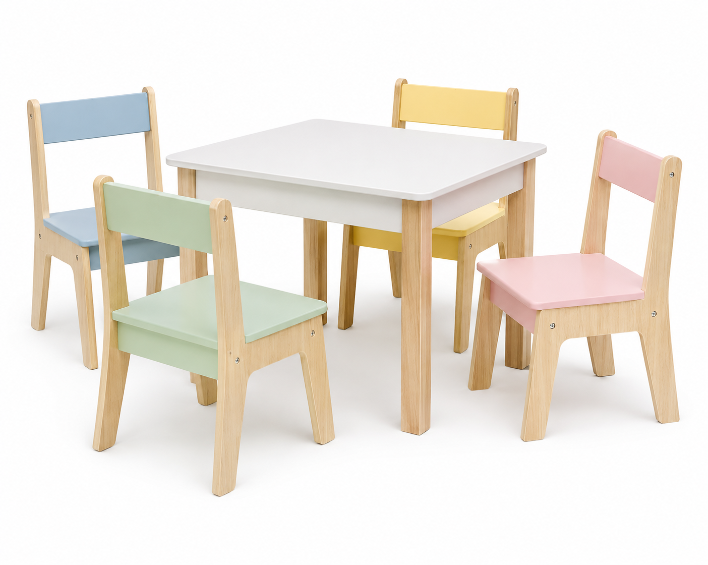 Kids table with four pastel wooden chairs