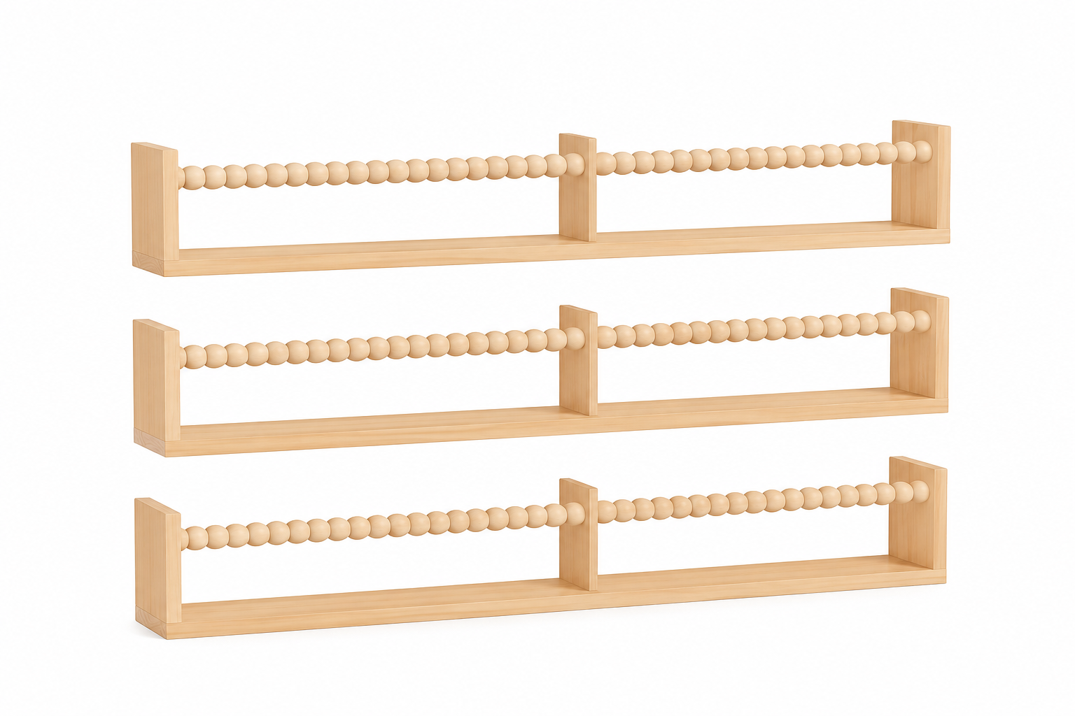 Set of three natural wood floating bookshelves with beaded rails