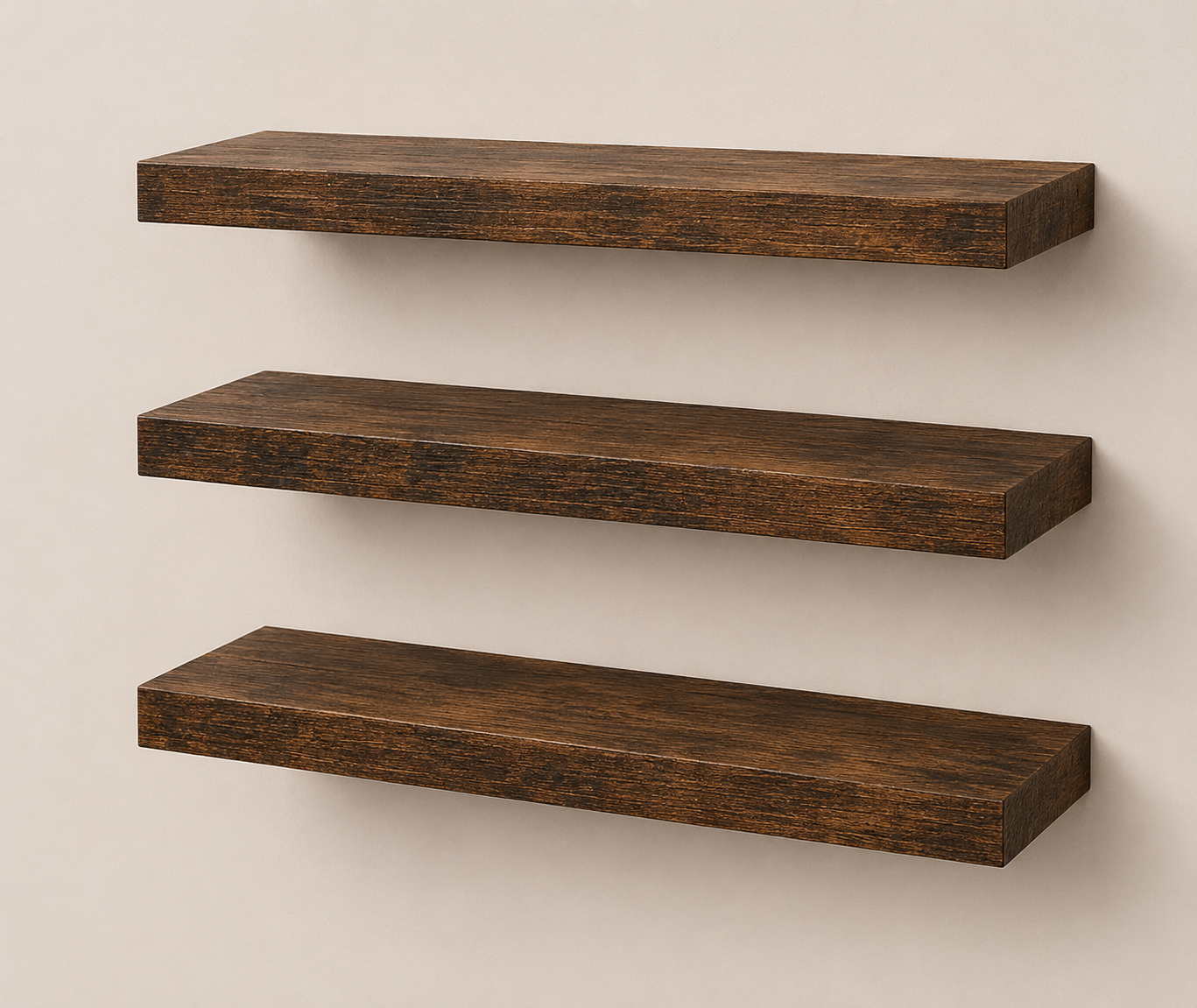 Set of three rustic wooden floating wall shelves
