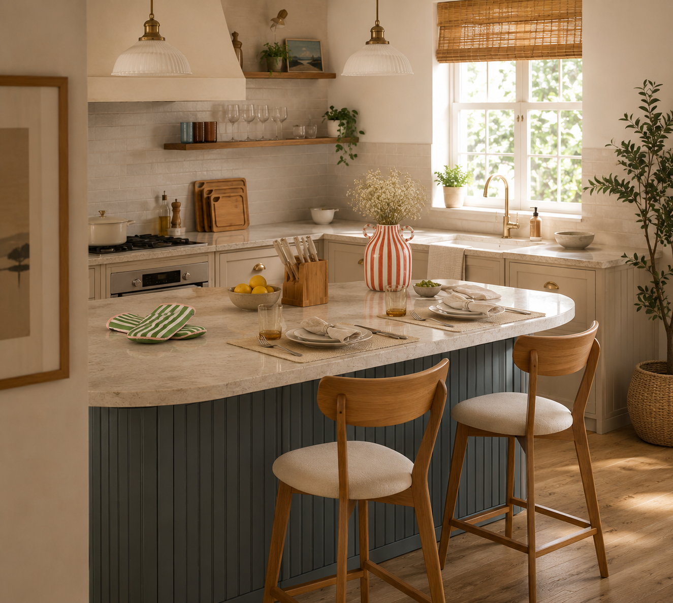 Bright coastal kitchen with white cabinetry, natural wood shelves, brass pendant lights and a styled island with striped vase