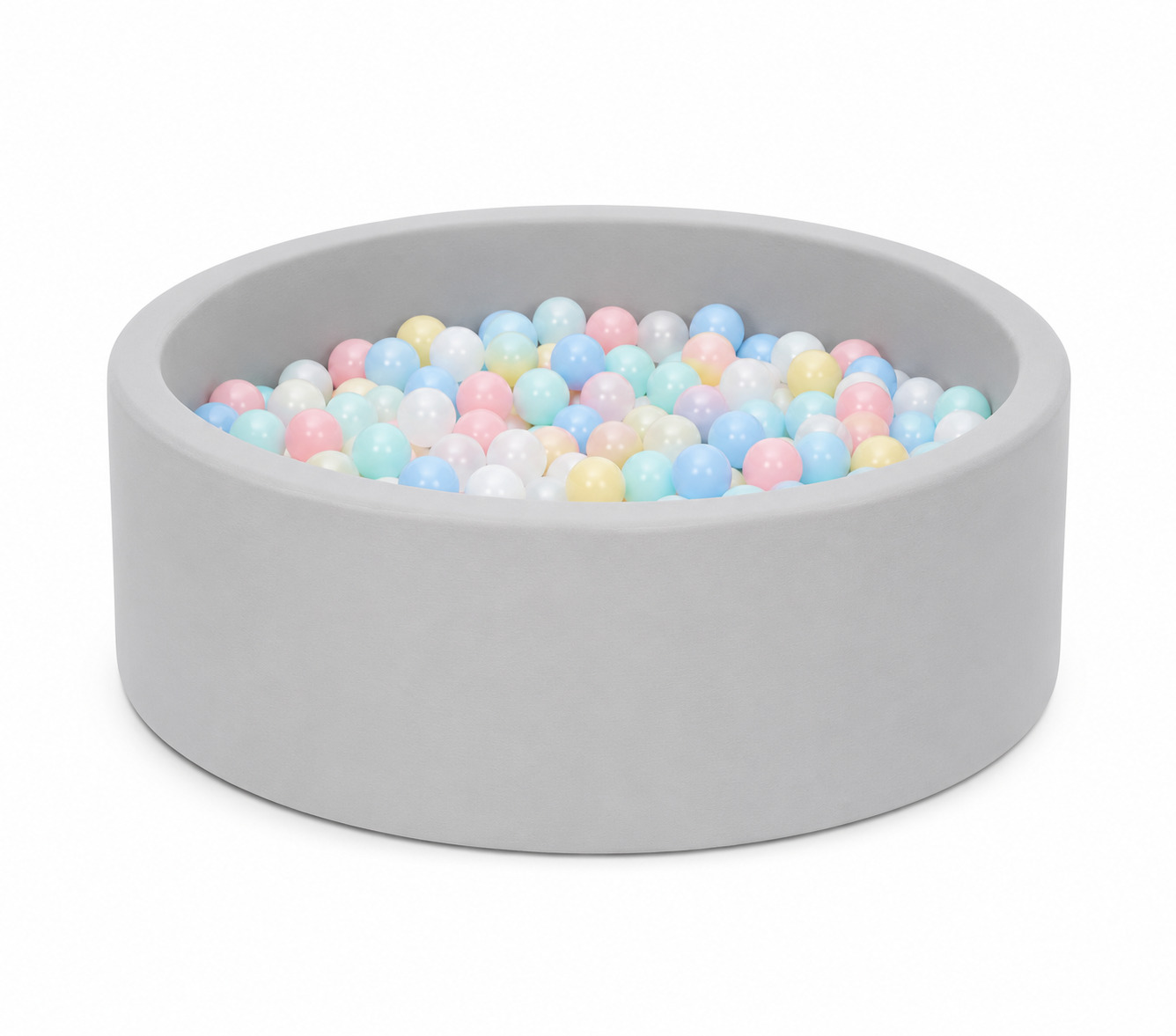 Round foam ball pit filled with pastel balls