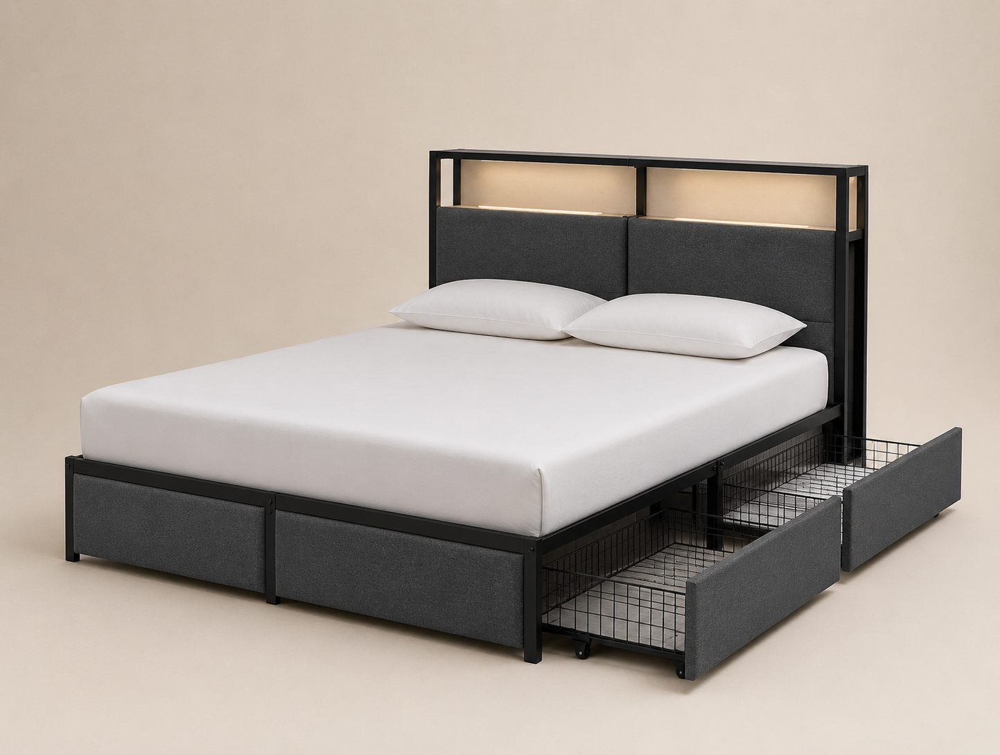 Zinus upholstered platform storage bed with pull-out drawers