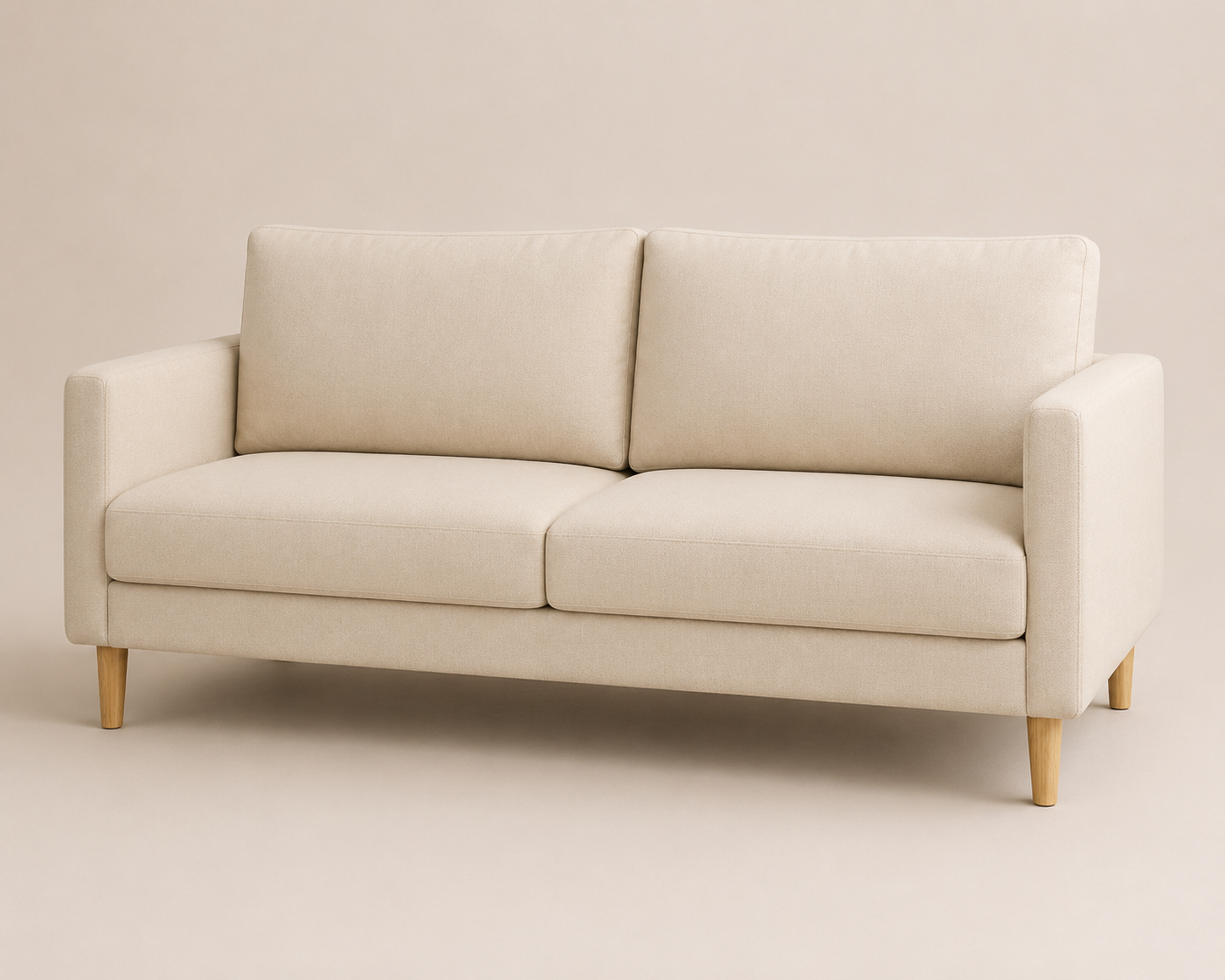 Beige neutral fabric 2-seater sofa with wooden legs